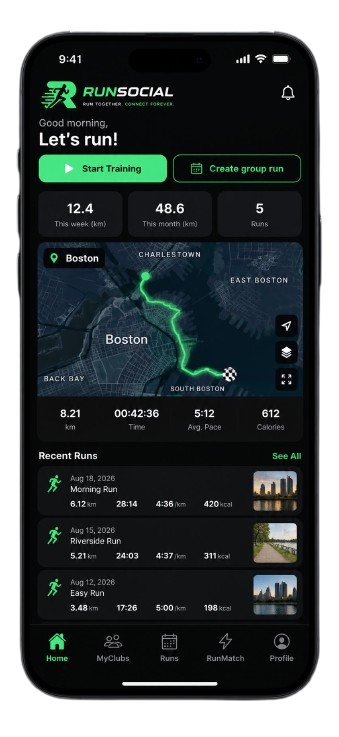 RunSocial app home screen showing weekly and monthly distance, a tracked run route in Boston and recent runs